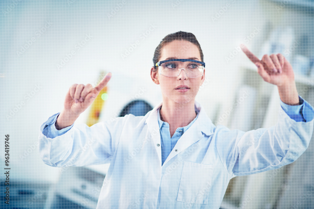 Scientist, chemical engineering and science laboratory in PPE for innovation or medical research. Woman, gesture and experiment for biotechnology, overlay and mockup space in forensic or mpox vaccine Scientist, chemical engineering and science laboratory in PPE for innovation or medical research. Woman, gesture and experiment for biotechnology, overlay and mockup space in forensic or mpox vaccine