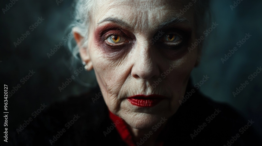 A woman with red lipstick and green eyes staring at the camera A woman with red lipstick and green eyes staring at the camera
