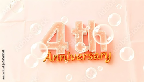 4th Anniversary letter manipulation with transparent soap bubbles floating on a soft  background