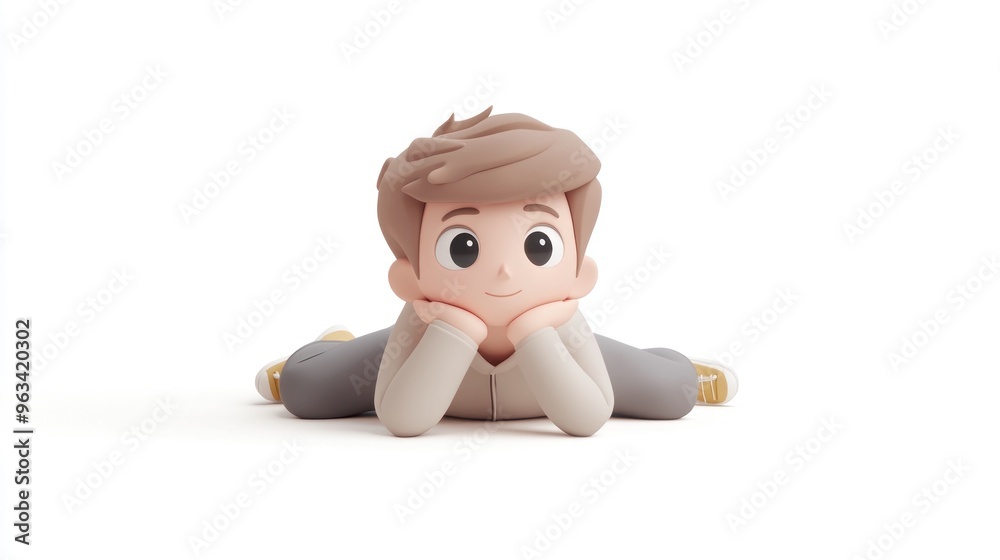 A cheerful cartoon boy lying on the floor, resting his chin on his hands, looking thoughtful. A cheerful cartoon boy lying on the floor, resting his chin on his hands, looking thoughtful.