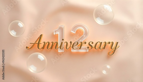 12th Anniversary letter manipulation with transparent soap bubbles floating on a soft  background