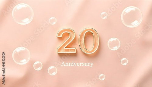 20th Anniversary letter manipulation with transparent soap bubbles floating on a soft  background