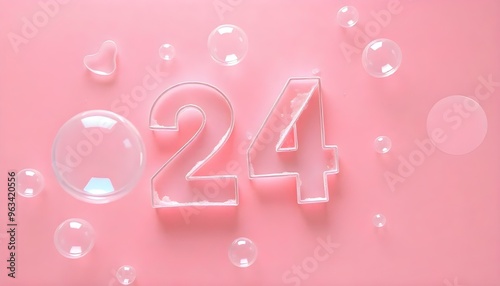 24th Anniversary letter manipulation with transparent soap bubbles floating on a soft  background