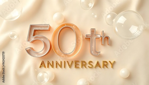 50th Anniversary letter manipulation with transparent soap bubbles floating on a soft  background