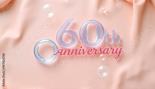 60th Anniversary letter manipulation with transparent soap bubbles floating on a soft  background