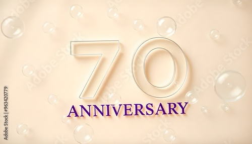 70th Anniversary letter manipulation with transparent soap bubbles floating on a soft  background