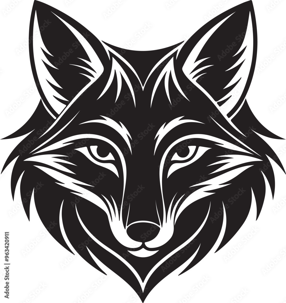 Fototapeta premium Vector art logo featuring a black and white depiction of a fox head, highlighting its unique characteristics and elegance