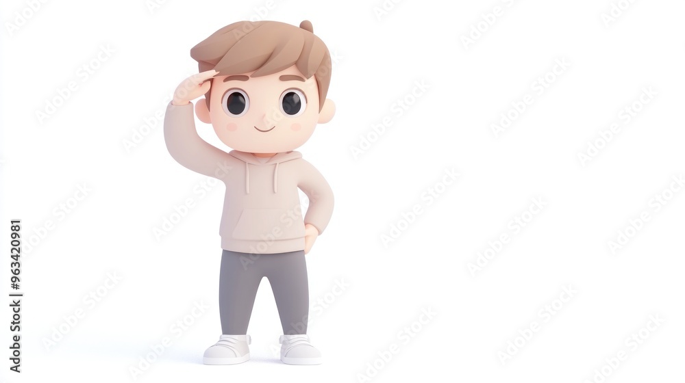 A cheerful cartoon character in a casual outfit, saluting with a friendly expression. A cheerful cartoon character in a casual outfit, saluting with a friendly expression.