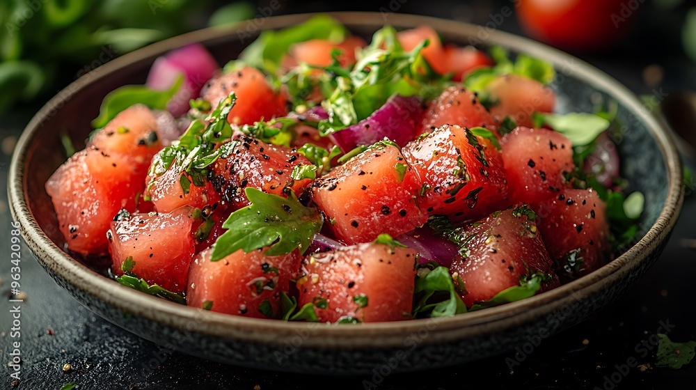 Fresh watermelon salad with red onion and herbs in a black bowl. Fresh watermelon salad with red onion and herbs in a black bowl.