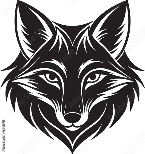 Vector art logo featuring a black and white depiction of a fox head, highlighting its unique characteristics and elegance photo