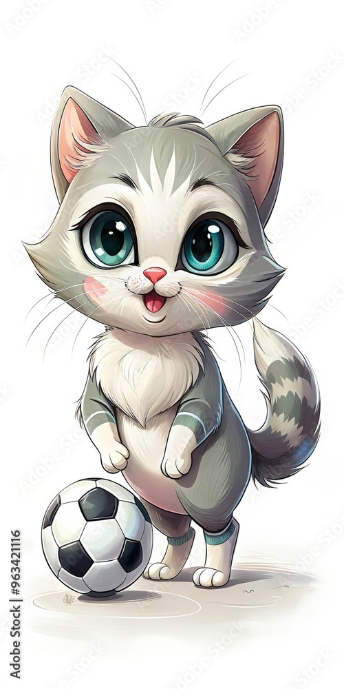 Cute grey tabby kitten with large blue eyes sporting football socks while standing on a soccer field with a ball Cute grey tabby kitten with large blue eyes sporting football socks while standing on a soccer field with a ball