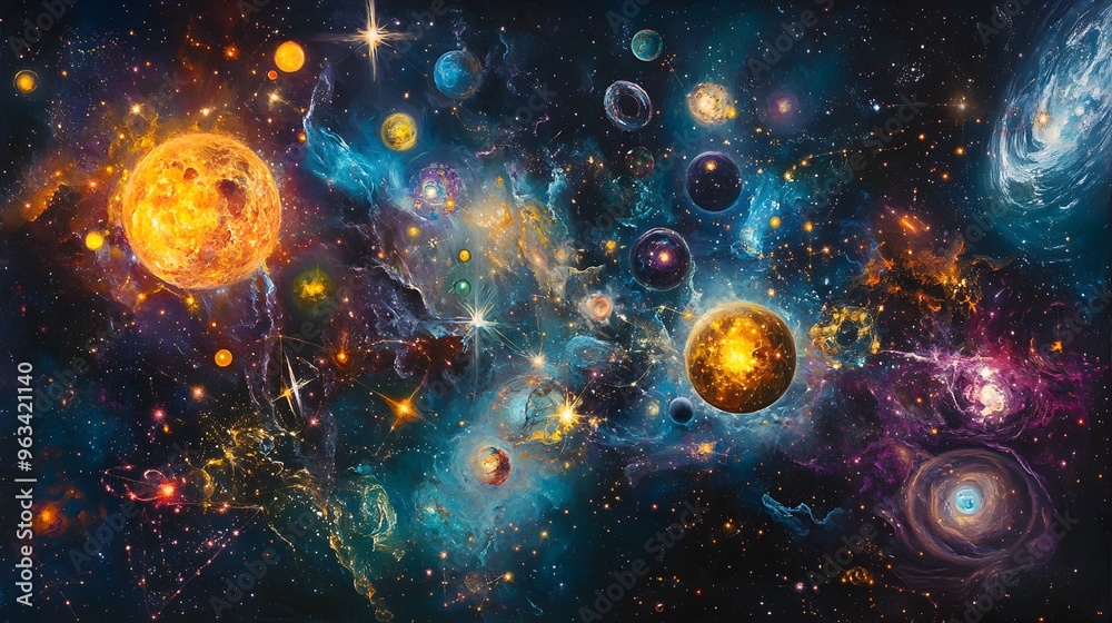 Fototapeta premium Cosmic Constellation of Periodic Table Elements Glowing in Celestial Panorama