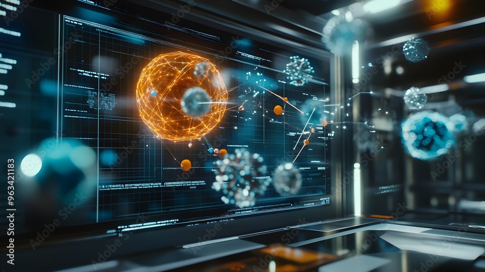 Futuristic Digital Interface with Interactive 3D Atomic Element Models in a High Tech Research Lab