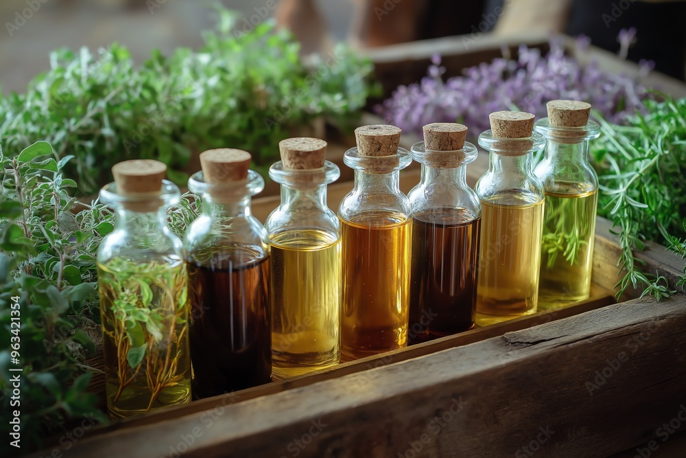 A rustic wooden crate holds rows of small glass bottles with cork stoppers, filled with colorful liquids, surrounded by lush green and purple herbs. A rustic wooden crate holds rows of small glass bottles with cork stoppers, filled with colorful liquids, surrounded by lush green and purple herbs.