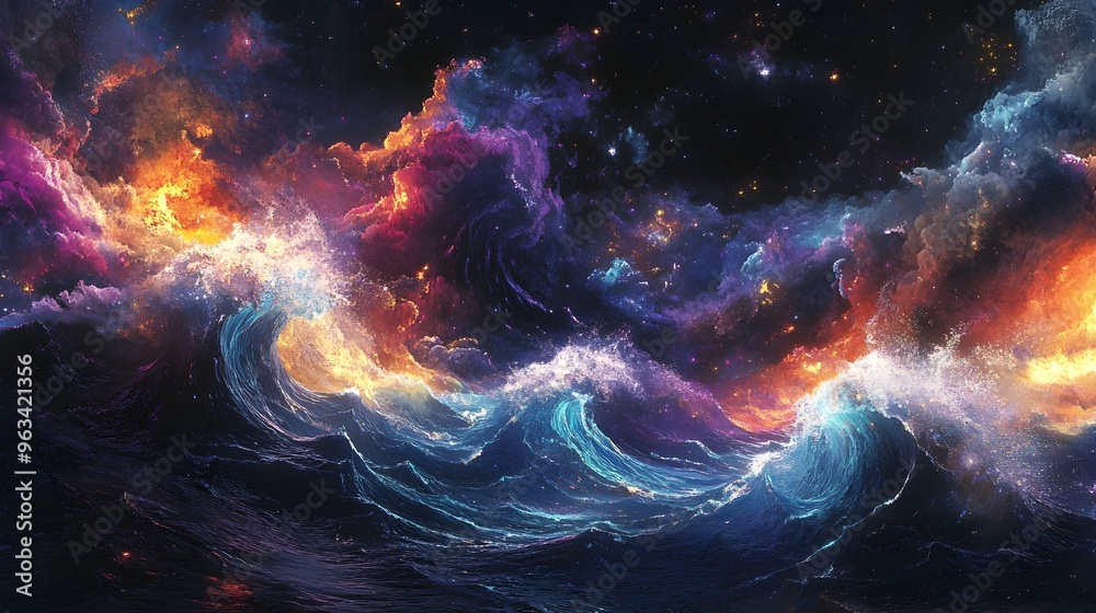 Cosmic Ocean of Elemental Particles Exhibiting Vibrant Glowing Effects Cosmic Ocean of Elemental Particles Exhibiting Vibrant Glowing Effects