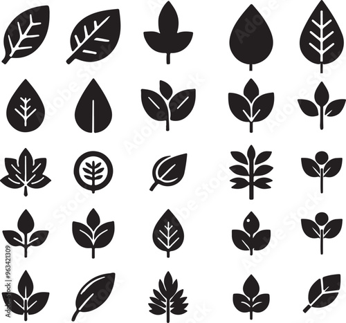 Set of black leaf icons on a white backdrop, featuring elegant vector art silhouettes for design use