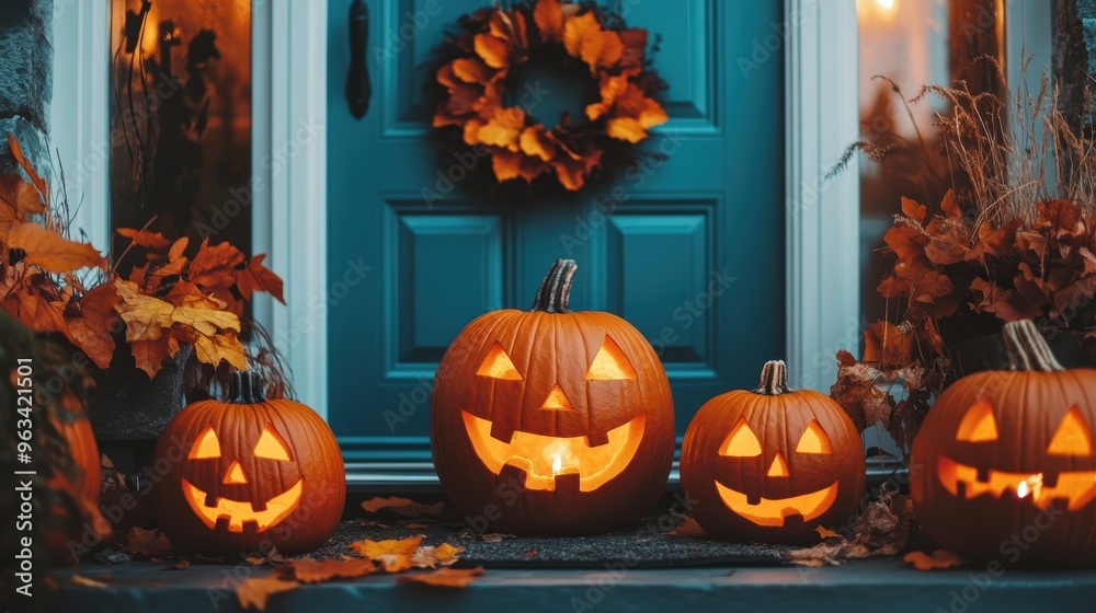 Fototapeta premium Lit jack-o'-lanterns decorate a front porch with fall foliage, a wreath on the door, and warm lighting, creating a festive Halloween atmosphere.
