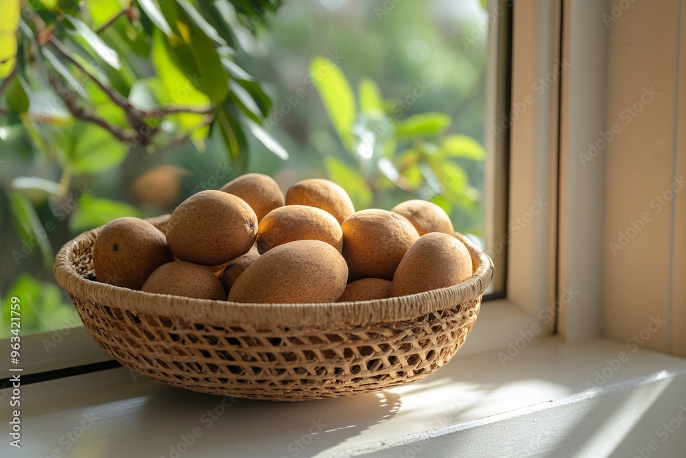 Fresh Sapodilla Fruit in Wicker Basket on Windowsill Fresh Sapodilla Fruit in Wicker Basket on Windowsill
