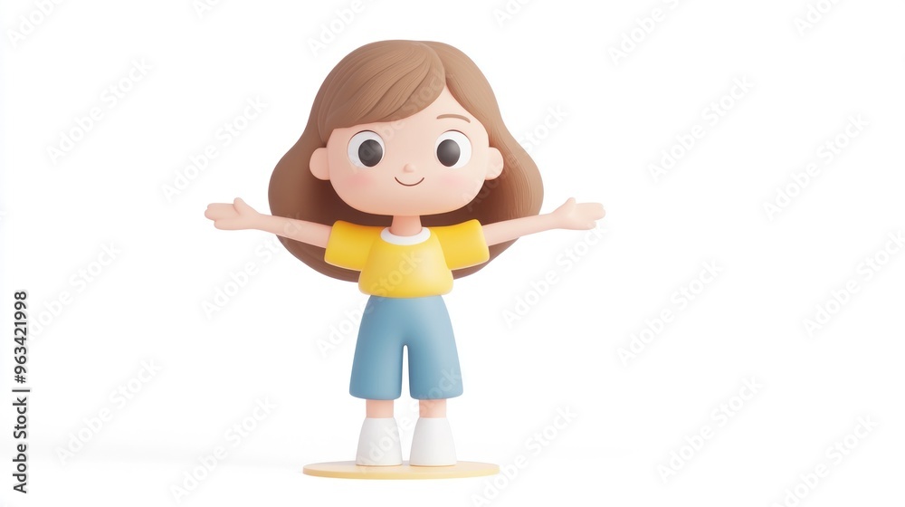 A cheerful cartoon character with brown hair, wearing a yellow shirt and blue shorts. A cheerful cartoon character with brown hair, wearing a yellow shirt and blue shorts.