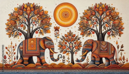 High-resolution stock photo of traditional Gond art elephants and trees, photographed on a white canvas backdrop, featuring detailed textures and vibrant colors