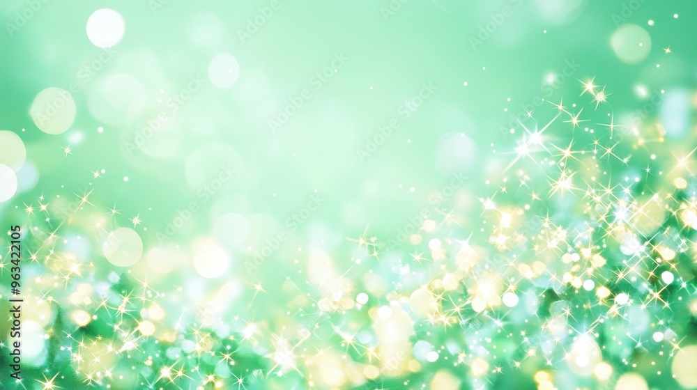 Glittery gold and teal bokeh lights with shimmering snowflakes, creating a festive, magical background.