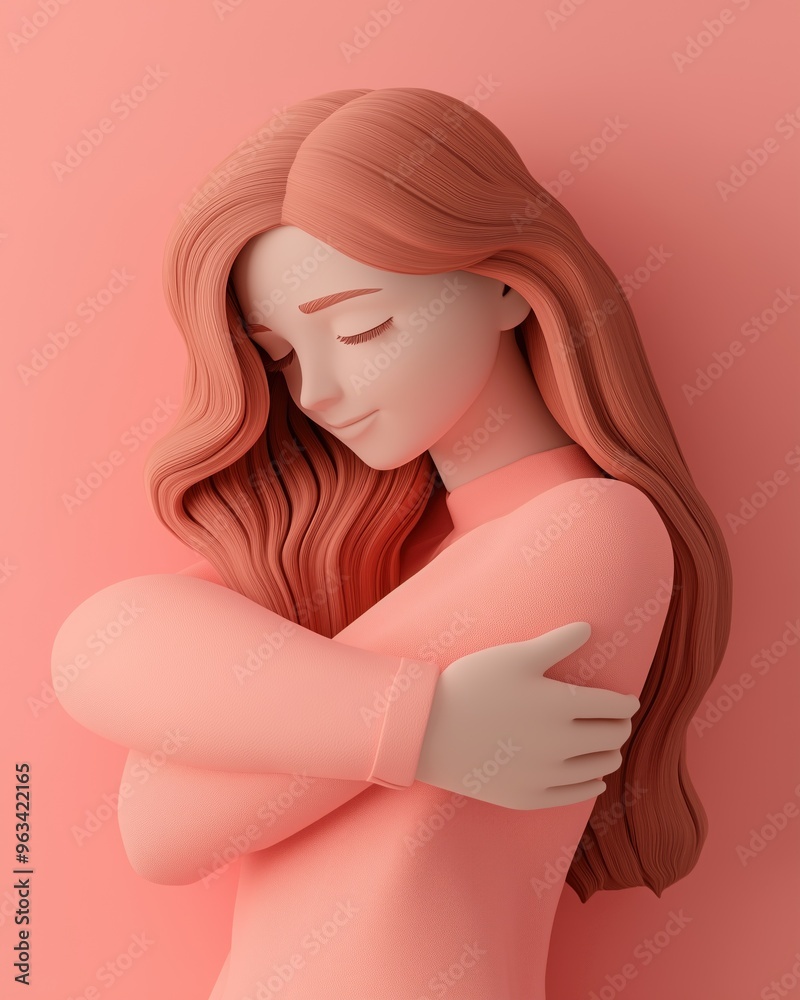 3D illustration of a woman gently hugging herself with a peaceful expression. Concept of self-compassion and emotional well-being. 3D illustration of a woman gently hugging herself with a peaceful expression. Concept of self-compassion and emotional well-being.