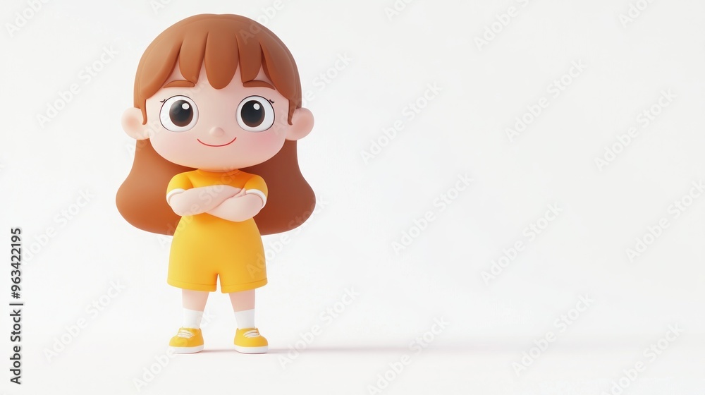 A cheerful cartoon character with long hair stands confidently in a bright orange outfit. A cheerful cartoon character with long hair stands confidently in a bright orange outfit.