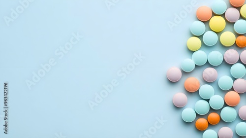 Colorful pills scattered on a soft blue background, perfect for health, wellness, and pharmaceutical themes.