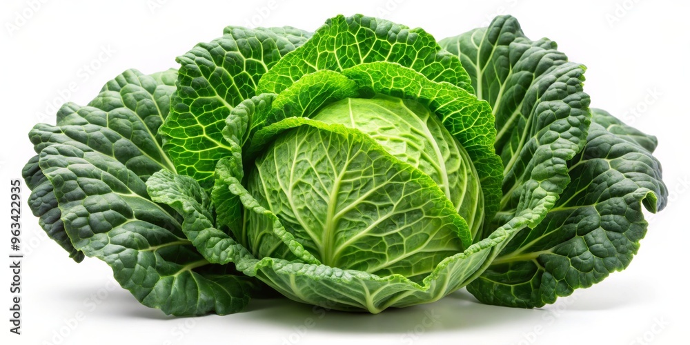 Obraz premium Fresh Green Cabbage with Crisp Leaves, Isolated White Background, Close Up, Green Vegetable, Organic, Produce, Healthy