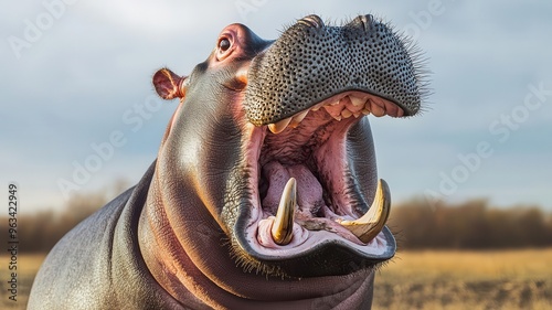 A hippopotamus with its mouth wide open