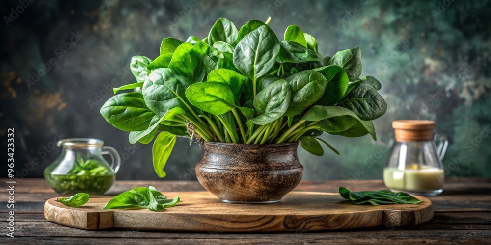 Fresh Spinach in a Rustic Clay Pot on a Wooden Board, Green, Healthy, Kitchen ,spinach, rustic, pot Fresh Spinach in a Rustic Clay Pot on a Wooden Board, Green, Healthy, Kitchen ,spinach, rustic, pot