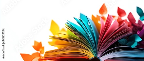Create a book be opened with abstract colorful leaves from colored pages, represented knowledge and storytelling.