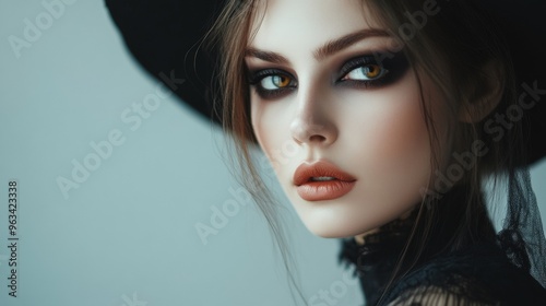 A woman with black hair and a black hat is wearing makeup