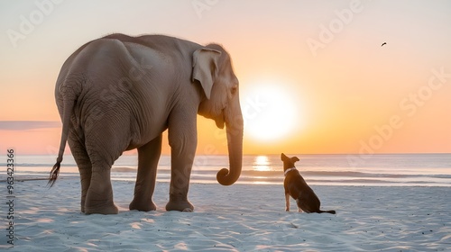 an unlikely friendship elephant and dog at sunset on the beach 