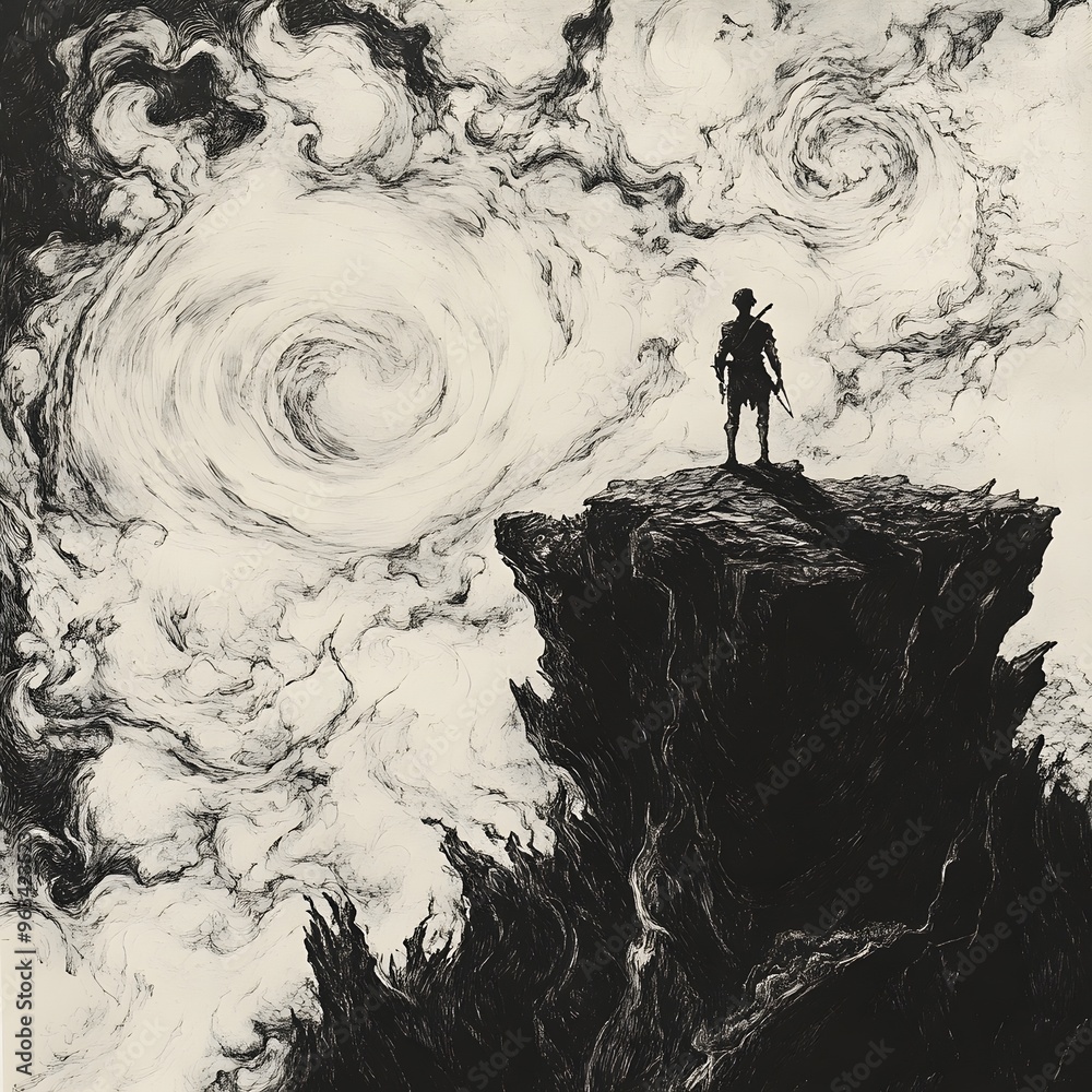 Lone Warrior Gazing Over Fantastical Ink Drawn Landscape with Swirling Clouds Lone Warrior Gazing Over Fantastical Ink Drawn Landscape with Swirling Clouds