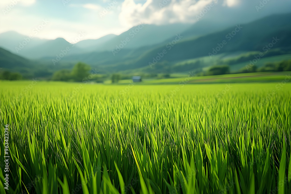 Vivid Green Rice Field Photo with Mountain Backdrop Vivid Green Rice Field Photo with Mountain Backdrop