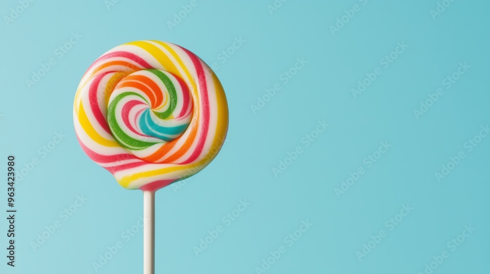 Brightly colored swirl lollipop stands against a light blue background, evoking a sense of playfulness and nostalgia.