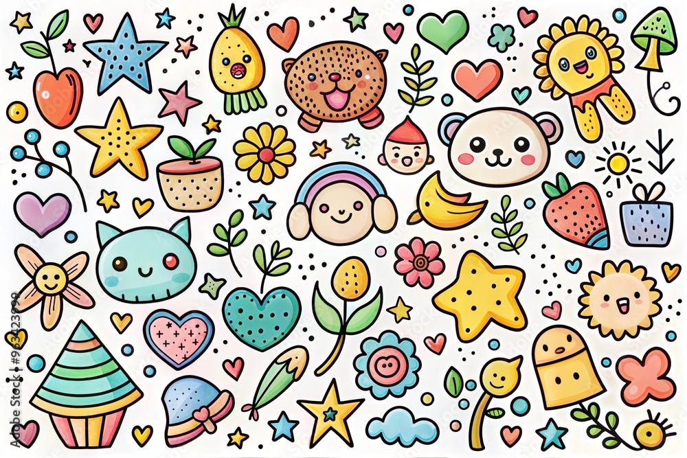 Colorful and cute kawaii doodle art with happy characters and stars on white background Colorful and cute kawaii doodle art with happy characters and stars on white background