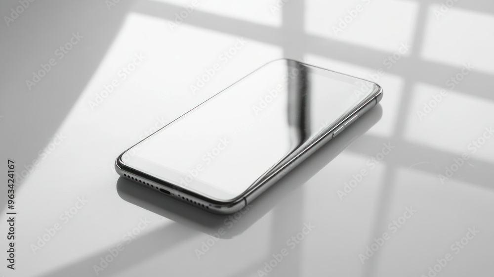 A Modern Smartphone Resting on a White Surface with Shadows A Modern Smartphone Resting on a White Surface with Shadows
