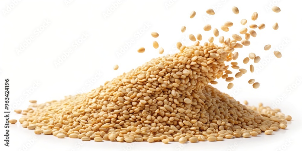 Golden Sesame Seeds Falling into a Pile, White Background, Macro, Food Photography, Sesame Seeds, Healthy Seeds, Food Styling Golden Sesame Seeds Falling into a Pile, White Background, Macro, Food Photography, Sesame Seeds, Healthy Seeds, Food Styling
