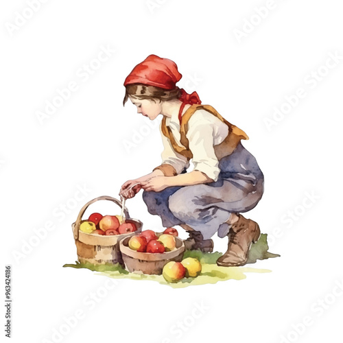 watercolor a girl picking apples autumn vector illustration, white background