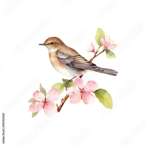watercolor a bird perched on a spring flower branch vector illustration, white  background