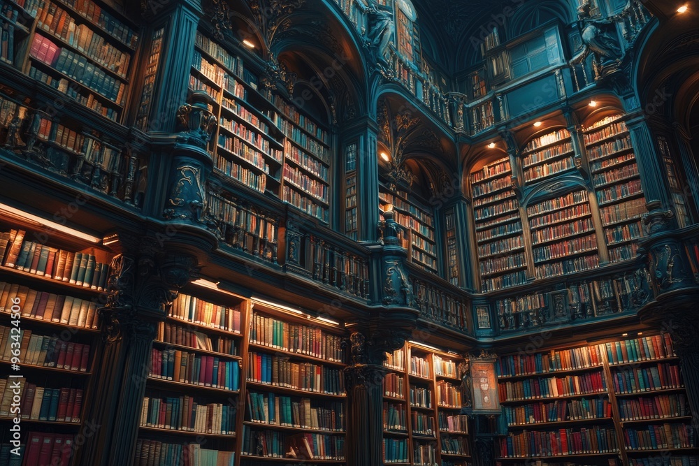 Majestic Library Hall with Tall Bookshelves.. Majestic Library Hall with Tall Bookshelves..