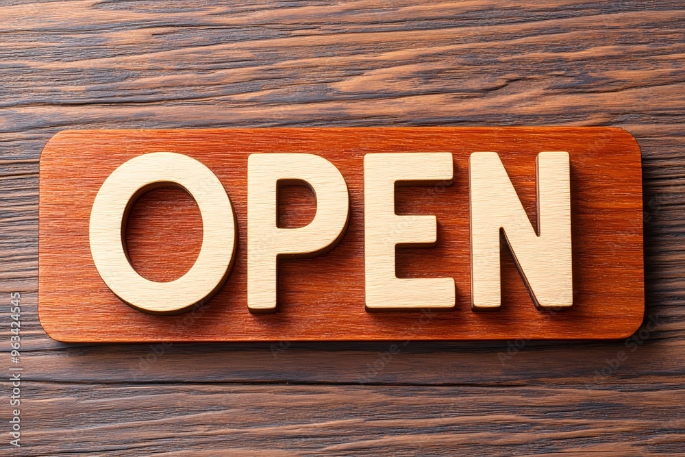 A wooden sign displaying the word 'Open' against a rustic background, ideal for businesses and welcoming environments. A wooden sign displaying the word 'Open' against a rustic background, ideal for businesses and welcoming environments.