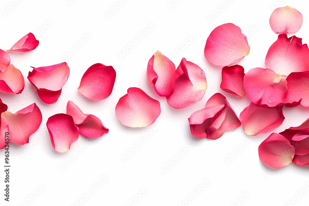 Beautiful pink rose petals scattered on a white background, perfect for romantic themes and floral designs. Beautiful pink rose petals scattered on a white background, perfect for romantic themes and floral designs.