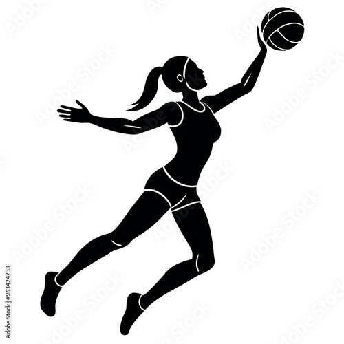 a female volleyball player mid-air, arm fully extended and ready to spike the ball