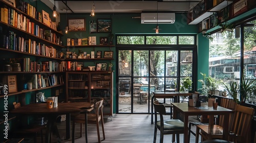 Cozy interior of a modern cafe featuring bookshelves, wooden furniture, and a spacious bright ambiance perfect for relaxation.