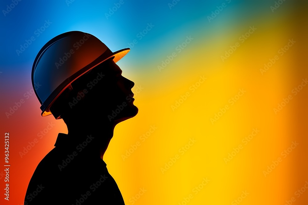 Profile of a construction worker wearing a safety helmet against a colorful background, symbolizing diligence and safety. Profile of a construction worker wearing a safety helmet against a colorful background, symbolizing diligence and safety.