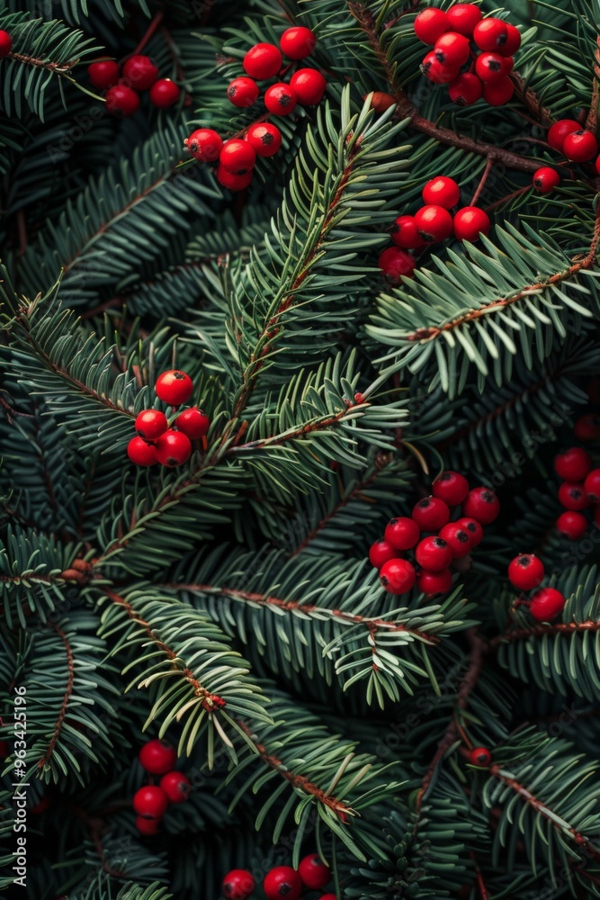 Christmas tree banches and red berries background Christmas tree banches and red berries background