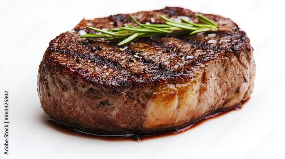 A beautifully cooked steak with a rich, caramelized crust, set on a white background, showcasing its mouth-watering texture and color A beautifully cooked steak with a rich, caramelized crust, set on a white background, showcasing its mouth-watering texture and color